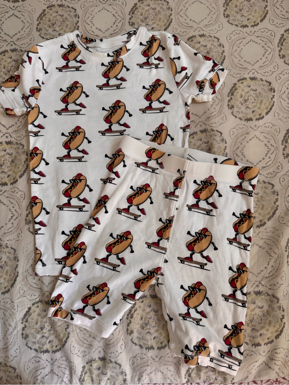 GAP White Hot Dog Skateboard Kids Pajama Set with Red and Tan Accents